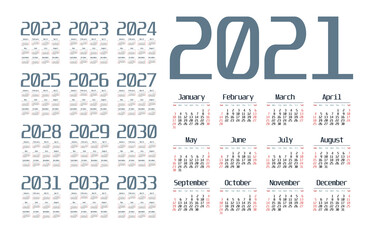 English calendar for years 2021-2033, week starts on Sunday