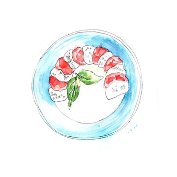 Caprese salad watercolor. Menu italian restaurant, fresh tomatoes, mazzarella, basil leaves