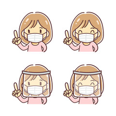 Fototapeta premium マスクとフェイスシールドをつけて指を指す女性