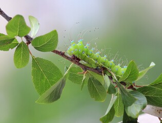 Large caterpillar Saturnia pyri on a branch with green leaves