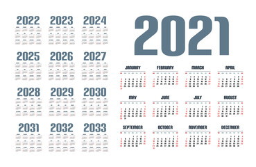 English calendar for years 2021-2033, week starts on Sunday