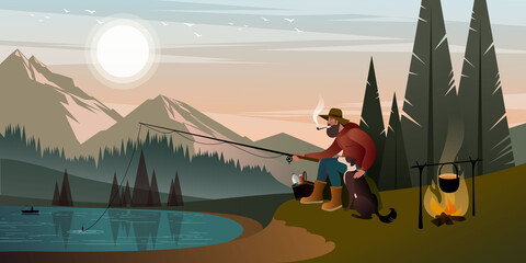 A bearded fisherman with a dog catches fish on a mountain lake. Scenes of summer at national park. Flat graphic vector illustration.