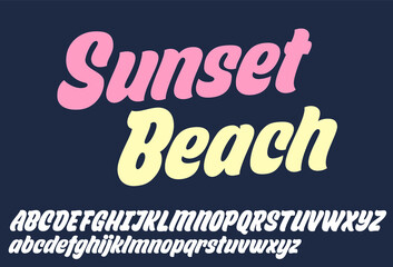 Sunset beach script design. Vector alphabet.