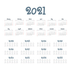 English calendar for years 2021-2033, week starts on Sunday