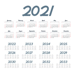 English calendar for years 2021-2033, week starts on Sunday