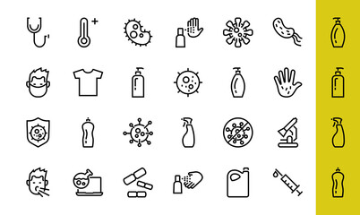 CORONAVIRUS A set of icons on the theme of coronavirus, contains icons such as an antiseptic, handwashing, masks, bacteria, sneezing, temperature, virus, thin lines, editable stroke, vector