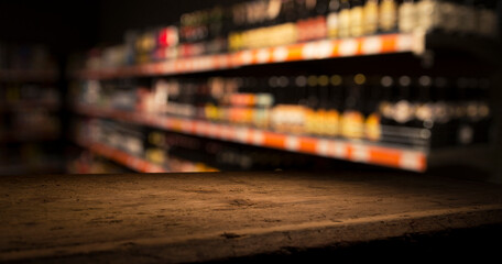 Beer style- bottle, beer in the glass and covers on wooden table. Free space for text. Top view