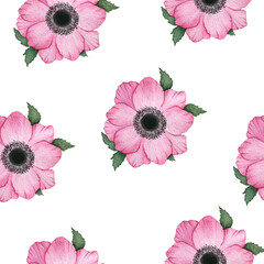 pink anemone flowers seamless background, retro floral design for backgrounds, wrapping or fabric, bright and beautiful watercolor  floral illustration