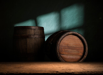 Beer style- bottle, beer in the glass and covers on wooden table. Free space for text. Top view