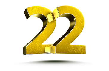 3D illustration Golden number 22 isolated on a white background.(with Clipping Path).