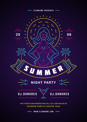 Summer beach party flyer or poster template neon signage lights typography style design.