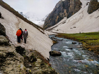 Manali, India - June 11th 2019: Struggle while climbing steep Indian Himalayan Mountain peak.