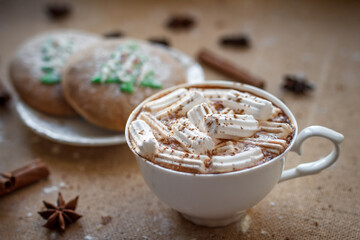 Winter breakfast. Cup of hot chocolate with marshmallows and freshly baked cookies. Gingerbread cookie and coffee.