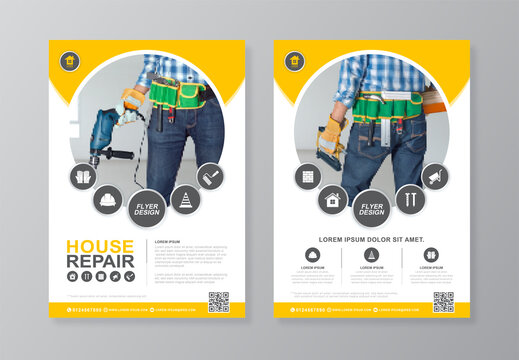Construction tools cover and back page a4 flyer design template for print