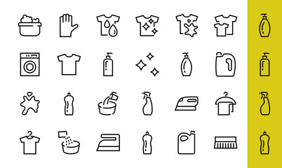 Simple set of washing related vector line Icons. Contains icons such as washing machine, powder, laundry, dirty t-shirt and much more. On a white background, editable stroke. 48x48 pixels perfect