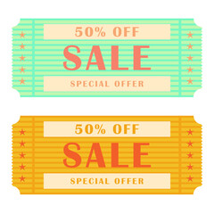 Coupon 50 percent Sale. Discount. Sale Banner. Vector illustration isolated on white background.