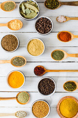 Collection of spicy condiments in spoons and bowls