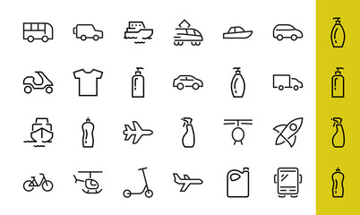 Set of public transport related vector line icons. Contains icons such as bus, bike, suitcase, car, scooter, truck, transport, trolley bus, sailboat, motor boat, plane and much more. Editable stroke.