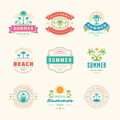 Summer holidays labels and badges retro typography design set.