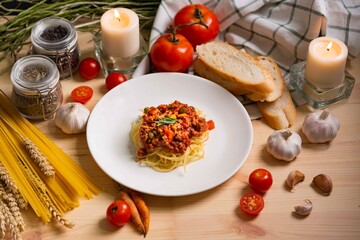 Delicious  Spaghetti Bolognese served on white plate for romantic dinner with ingredient background.