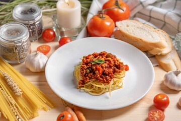 Delicious  Spaghetti Bolognese served on white plate for romantic dinner with  ingredient background.
