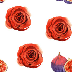 Seamless pattern illustration with 
red roses and figs isolated on white background