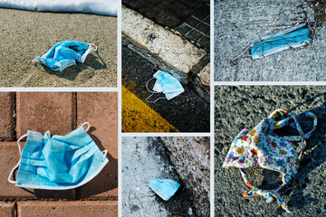 collage of different used masks on the ground