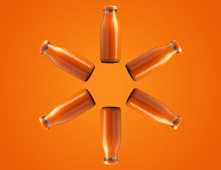 Six bottles with organic juice in a circle on an orange background, healthy food concept