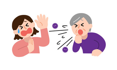 咳するシニア女性と嫌がる私服女性