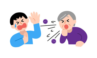 咳するシニア女性と嫌がる私服男性