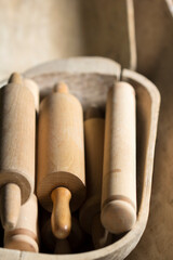 Old rolling pin in a basket at the old mill