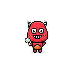 vector Illustration of cute red monster holding tick or check sign
