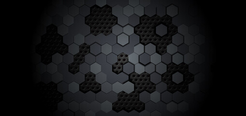 Abstract geometric hexagonal pattern on metal black background.