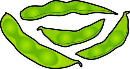 Four green edamame (soy beans) pods.