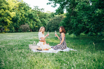 Outdoor countryside portrait of two happy sisters and best friends, enjoying picnic at vintage French style, stylish feminine outfits, tasty food and vine, nice time together. Summer time at nature 