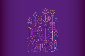 Gardinen Neonfarben auf violettem Hintergrund isoliert Sommerblumen und Musikinstrumente-Vektor-Illustration. Blühende Blumen wachsen aus Musikinstrumenten. ©  danjazzia