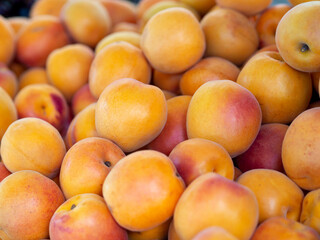 Bio fruits and healthy food concept. Fresh nectarine fruits at the street farmer's market. Still life side view