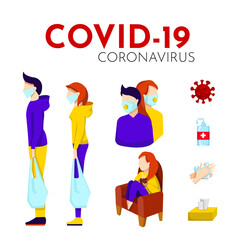 Covid-19 icons set. Cartoon vector illustration with man and women in medical. Coronavirus pandemic effective protection concept. Respiratory pneumonia disease. Health care concept vector
