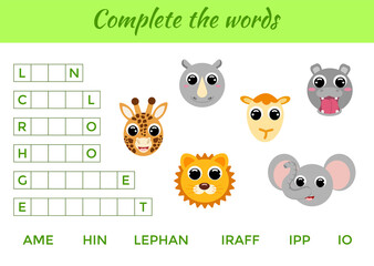 Obraz na płótnie Canvas Matching educational game for children with cute animals. Write missing letters and complete words. Educational activity page for study English. Isolated vector illustration.
