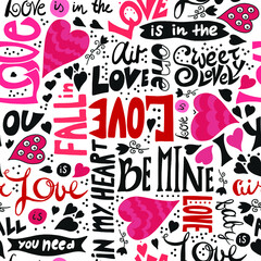Love lettering. Vector seamless pattern with love and valentine words and hearts. I love you phrases.