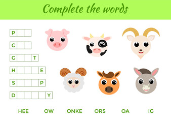 Matching educational game for children with cute animals. Write missing letters and complete words. Educational activity page for study English. Isolated vector illustration.