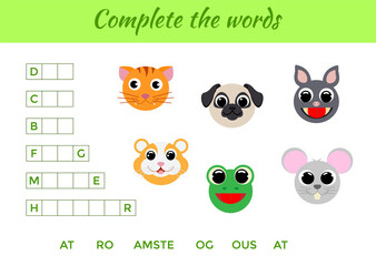 Matching educational game for children with cute animals. Write missing letters and complete words. Educational activity page for study English. Isolated vector illustration.
