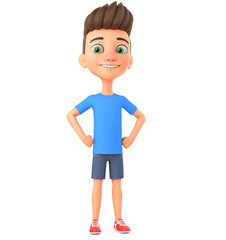 Cheerful guy hands in hips on a white background. 3d render illustration.