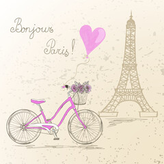 Fototapeta na wymiar Bicycle with a basket full of flowers on the background Eiffel Tower in Paris. Vector illustration.
