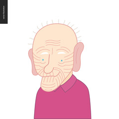 Bright characters portraits - hand drawn flat style vector design concept illustration of a smiling bald elderly man wearing purple, face and shoulders avatar. Flat style vector icon