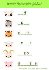 Welche Buchstaben fehlen? - What letters are missing? Complete the words. Matching educational game for children with cute animals. Educational activity page for study German. Vector illustration.