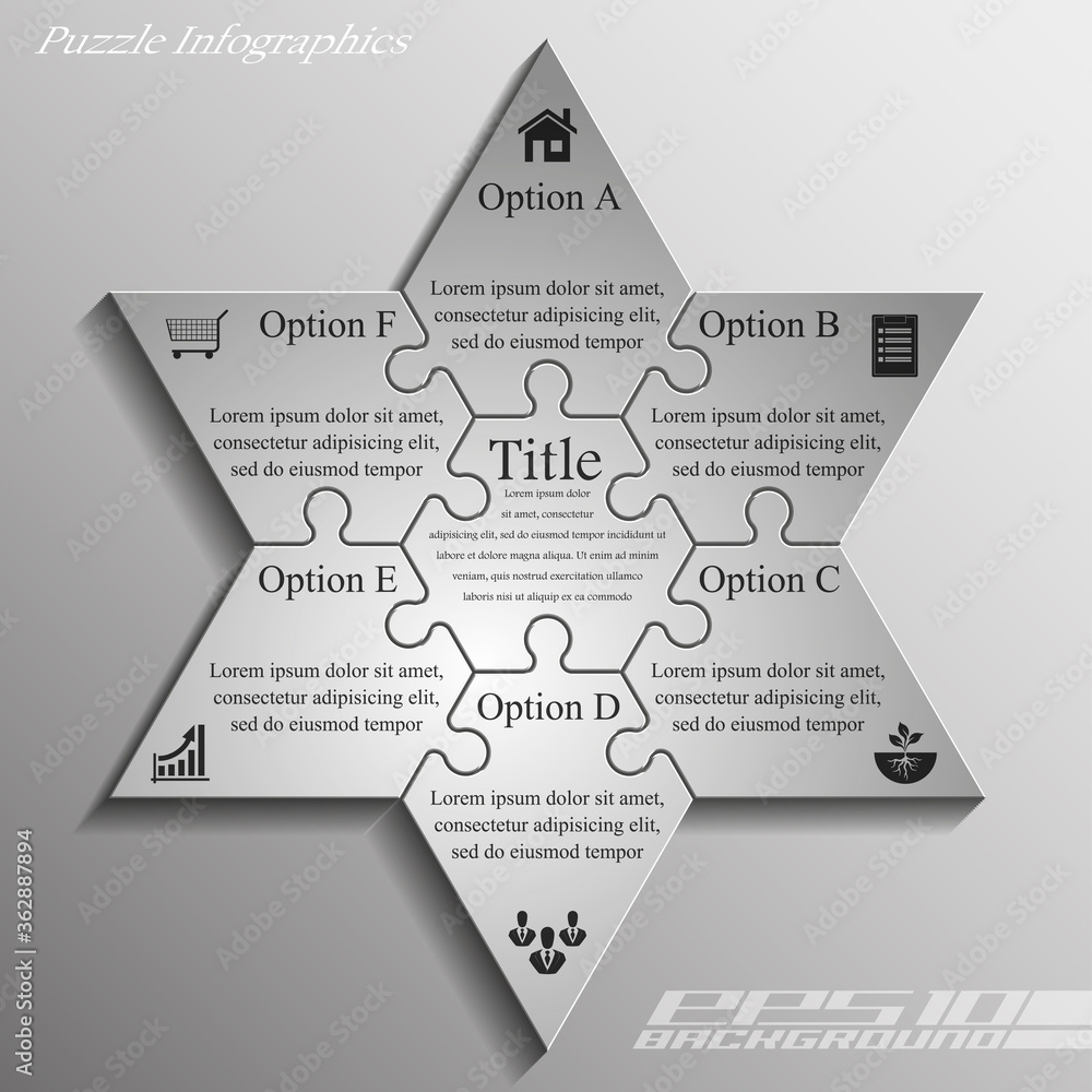 Aufkleber Star of David puzzle presentation infographic template with explanatory text field for business statistics