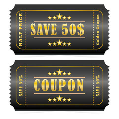 Gold coupons. Discount Coupon, Voucher. Vector illustration isolated on white background.