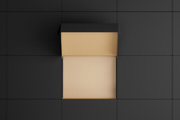 Top view of a black empty open paper cardboard box among the closed boxes. Mock up. 3d rendering