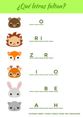 ¿Qué letras faltan? - What letters are missing? Complete the words. Matching educational game for children with cute animals. Educational activity page for study Spanish. Isolated vector illustration.